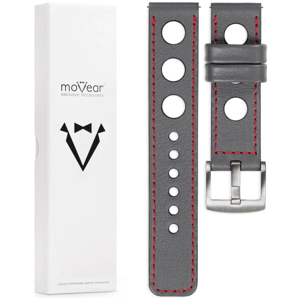 moVear Prestige R1 Skórzany pasek 20mm do Samsung Galaxy Watch 7 / 6 / 5 / 4 / 3 & Pro / FE / Classic / Active | Szary, czerwone przeszycie [rozmiary XS-XXL i klamra do wyboru]