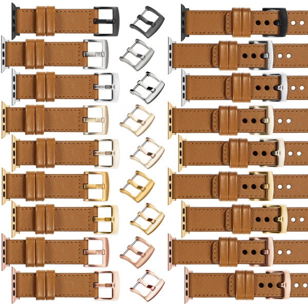 moVear Prestige C1 Skórzany pasek 22mm do Apple Watch 10 / 9 / 8 / 7 / 6 / 5 / 4 / SE (46/45/44mm) & Ultra (49mm) | Jasnobrązowy, jasnobrązowe przeszycie [rozmiary XS-XXL i klamra do wyboru]
