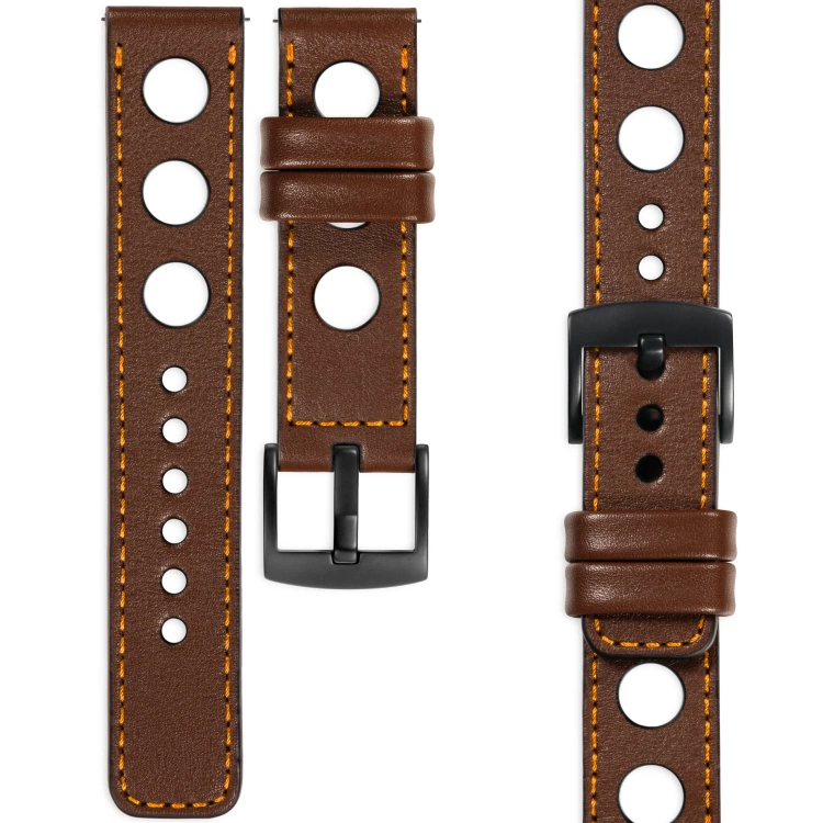 moVear Prestige R1 Skórzany pasek 20mm do zegarka | Ciemnobrązowy, pomarańczowe przeszycie [rozmiary XS-XXL i klamra do wyboru]