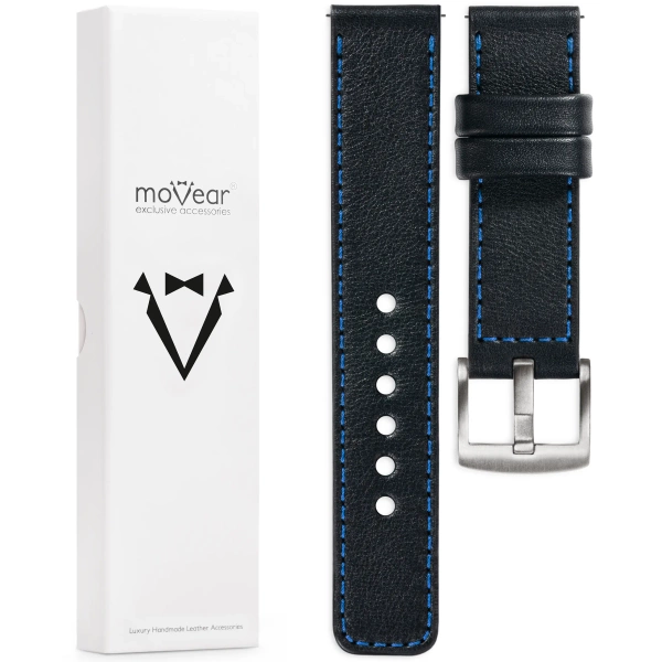 moVear Prestige C1 Skórzany pasek 18mm do zegarka | Czarny, niebieskie przeszycie [rozmiary XS-XXL i klamra do wyboru]