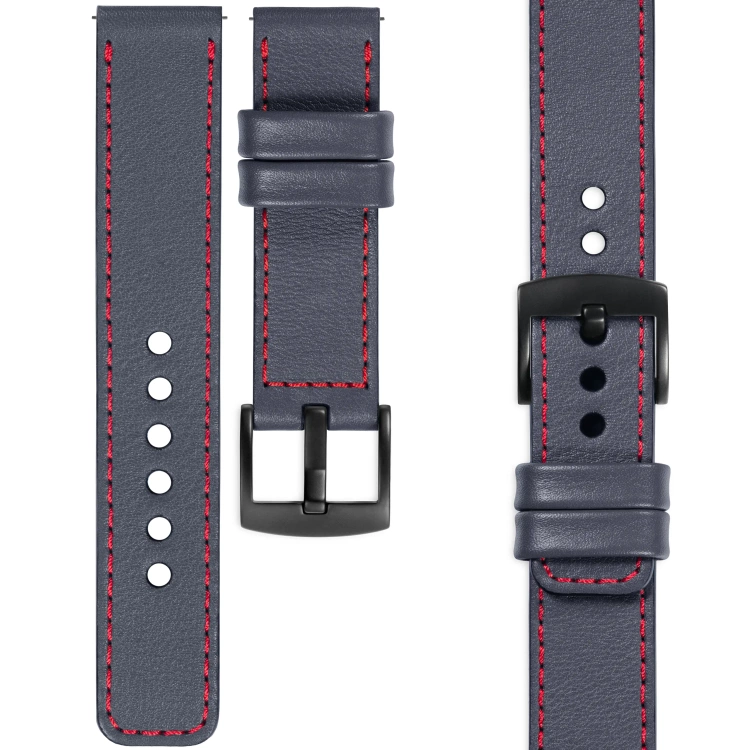 moVear Prestige C1 Skórzany pasek 22mm do zegarka | Szary stalowy, czerwone przeszycie [rozmiary XS-XXL i klamra do wyboru]