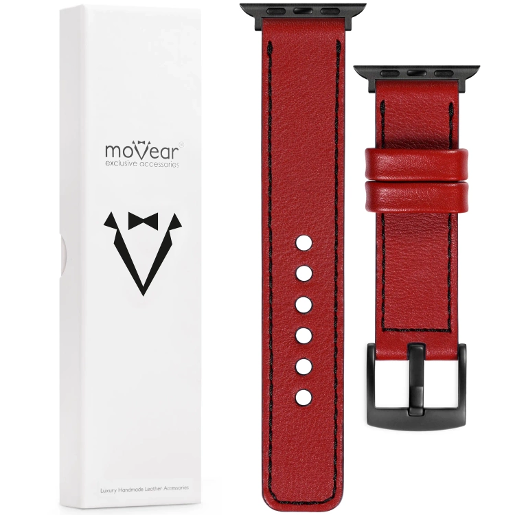 moVear Prestige C1 Skórzany pasek 20mm do Apple Watch 10 / 9 / 8 / 7 / 6 / 5 / 4 / SE (46/45/44mm) & Ultra (49mm) | Czerwony szkarłatny, czarne przeszycie [rozmiary XS-XXL i klamra do wyboru]