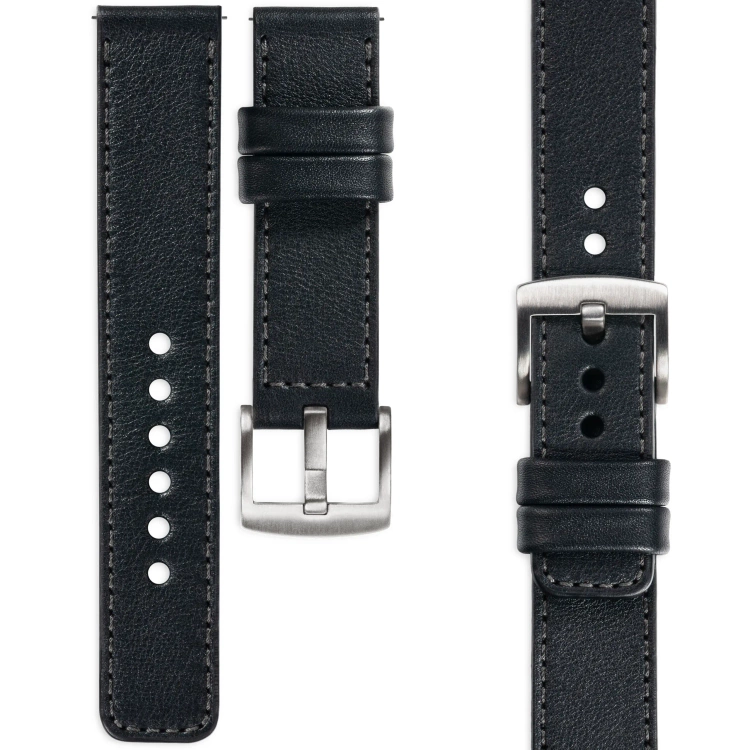 moVear Prestige C1 Skórzany pasek 22mm do zegarka | Czarny, grafitowe przeszycie [rozmiary XS-XXL i klamra do wyboru]