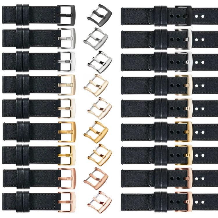 moVear Prestige C1 Skórzany pasek 20mm do Samsung Galaxy Watch 7 / 6 / 5 / 4 / 3 & Pro / FE / Classic / Active | Czarny, czarne przeszycie [rozmiary XS-XXL i klamra do wyboru]