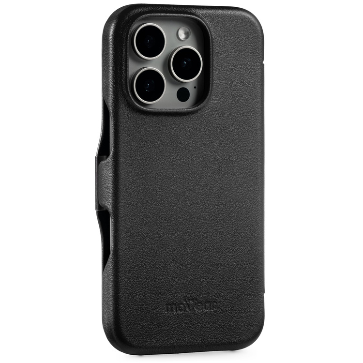 moVear flipSide 4C skórzane etui do Apple iPhone 16 Pro (6.3") | Skóra naturalna gładka (Czarna)