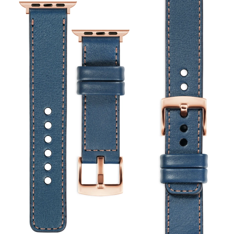 moVear Prestige C1 Skórzany pasek 20mm do Apple Watch 10 / 9 / 8 / 7 / 6 / 5 / 4 / SE (46/45/44mm) & Ultra (49mm) | Niebieski jeans, różowe złoto przeszycie [rozmiary XS-XXL i klamra do wyboru]