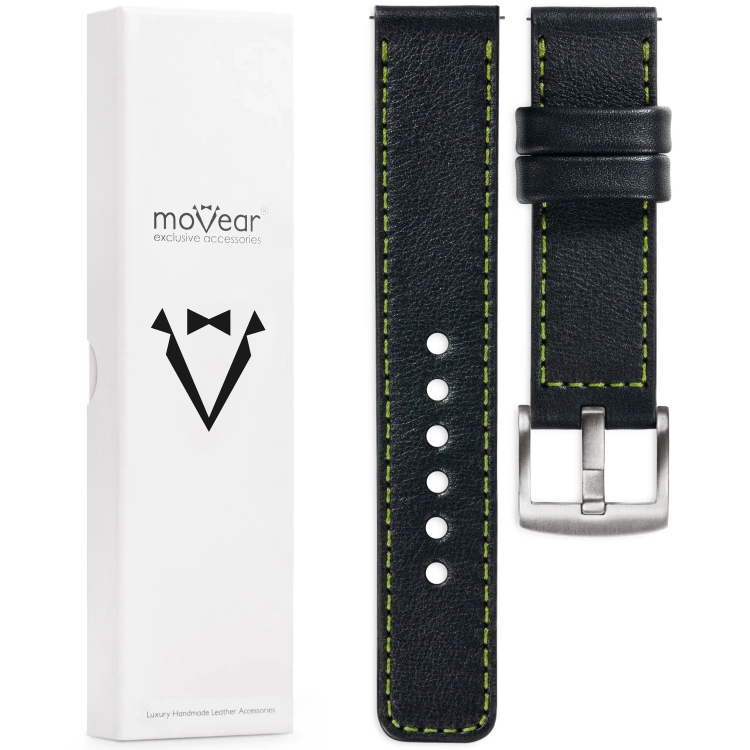 moVear Prestige C1 Skórzany pasek 20mm do zegarka | Czarny, limonkowe przeszycie [rozmiary XS-XXL i klamra do wyboru]