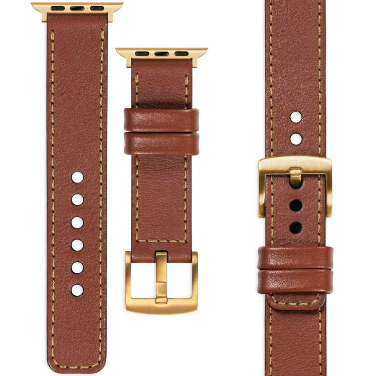 moVear Prestige C1 Skórzany pasek 22mm do Apple Watch 10 / 9 / 8 / 7 / 6 / 5 / 4 / SE (46/45/44mm) & Ultra (49mm) | Brązowy, złote przeszycie [rozmiary XS-XXL i klamra do wyboru]