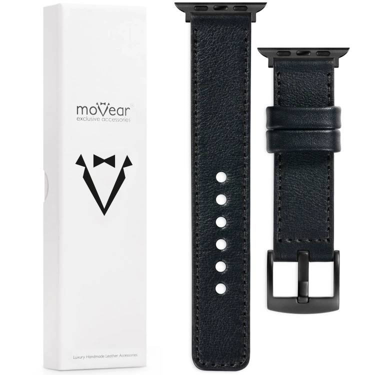 moVear Prestige C1 Skórzany pasek 24mm do Apple Watch 10 / 9 / 8 / 7 / 6 / 5 / 4 / SE (46/45/44mm) & Ultra (49mm) | Czarny, czarne przeszycie [rozmiary XS-XXL i klamra do wyboru]