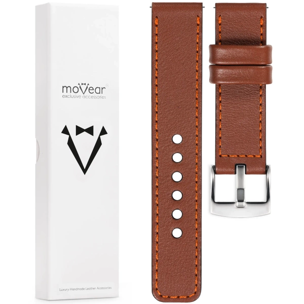 moVear Prestige C1 Skórzany pasek 18mm do zegarka | Brązowy, ciemnopomarańczowe przeszycie [rozmiary XS-XXL i klamra do wyboru]