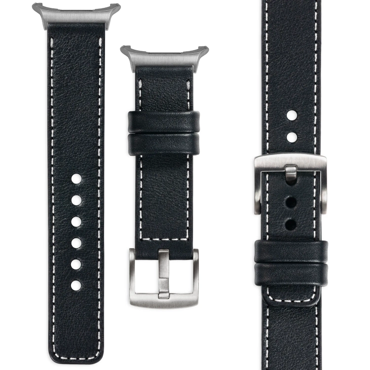 moVear Prestige C1 Skórzany pasek 24mm do Samsung Galaxy Watch Ultra | Czarny, białe przeszycie [rozmiary XS-XXL i klamra do wyboru]