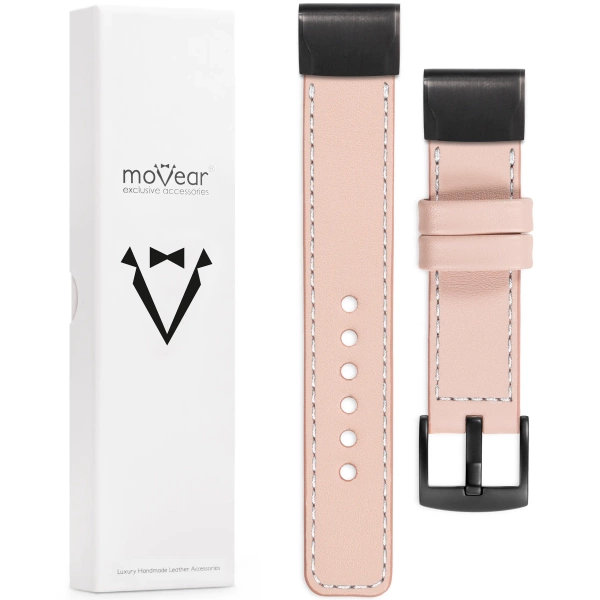 moVear Prestige C1 Skórzany pasek do Garmin QuickFit 22mm (Fenix / Forerunner / Epix / Instinct / Enduro / Quatix / MARQ - 47/45mm) | Różowy cielisty, białe przeszycie [rozmiary XS-XXL i klamra do wyboru]