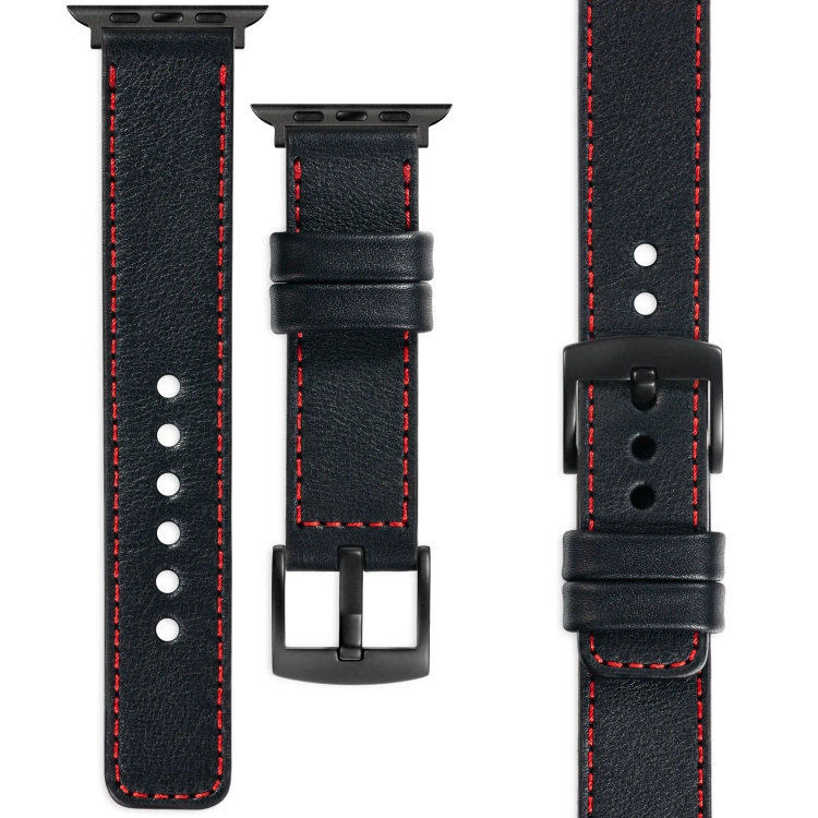 moVear Prestige C1 Skórzany pasek 22mm do Apple Watch 10 / 9 / 8 / 7 / 6 / 5 / 4 / SE (46/45/44mm) & Ultra (49mm) | Czarny, czerwone przeszycie [rozmiary XS-XXL i klamra do wyboru]