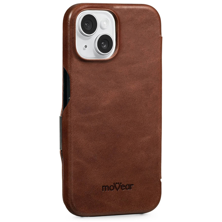 moVear flipSide 4C skórzane etui do Apple iPhone 15 (6,1") | Skóra naturalna olejowana (Ciemnobrązowa)