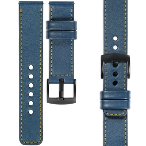 moVear Prestige C1 Skórzany pasek 22mm do zegarka | Niebieski jeans, żółte przeszycie [rozmiary XS-XXL i klamra do wyboru]