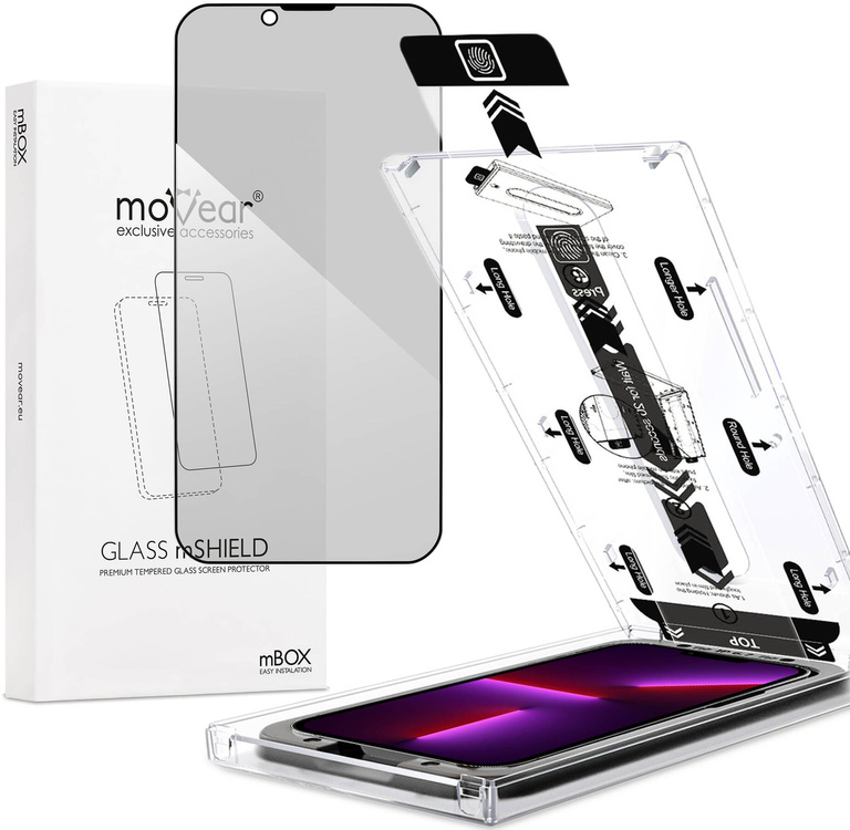 moVear mBOX GLASS mSHIELD 2.5D MAX privacy do Apple iPhone 14 Plus / 13 Pro Max (6.7") (Anty spy, z Aplikatorem)