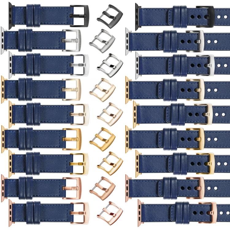 moVear Prestige C1 Skórzany pasek 20mm do Apple Watch 10 / 9 / 8 / 7 / 6 / 5 / 4 / SE (46/45/44mm) & Ultra (49mm) | Granatowy, granatowe przeszycie [rozmiary XS-XXL i klamra do wyboru]