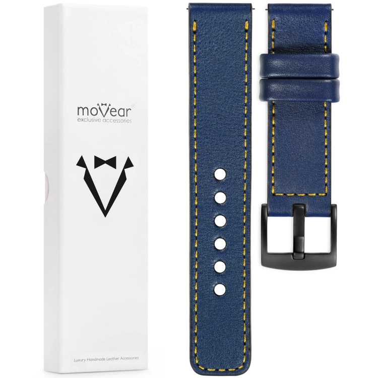 moVear Prestige C1 Skórzany pasek 22mm do zegarka | Granatowy, żółte przeszycie [rozmiary XS-XXL i klamra do wyboru]