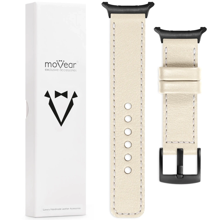 moVear Prestige C1 Skórzany pasek 24mm do Samsung Galaxy Watch Ultra | Beżowy, białe przeszycie [rozmiary XS-XXL i klamra do wyboru]