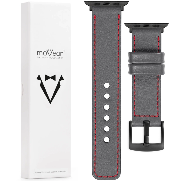 moVear Prestige C1 Skórzany pasek 22mm do Apple Watch 10 / 9 / 8 / 7 / 6 / 5 / 4 / SE (46/45/44mm) & Ultra (49mm) | Szary, czerwone przeszycie [rozmiary XS-XXL i klamra do wyboru]