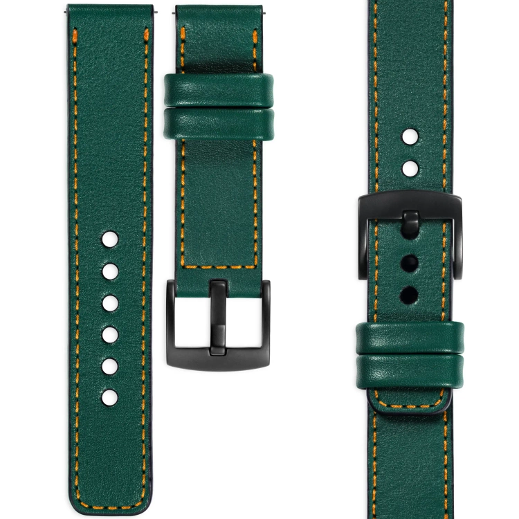 moVear Prestige C1 Skórzany pasek 20mm do zegarka | Zielony butelkowy, pomarańczowe przeszycie [rozmiary XS-XXL i klamra do wyboru]