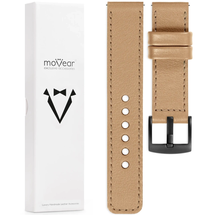 moVear Prestige C1 Skórzany pasek 22mm do Garmin Vivoactive 4, Venu 3/2 | Cappuccino, cappuccino przeszycie [rozmiary XS-XXL i klamra do wyboru]
