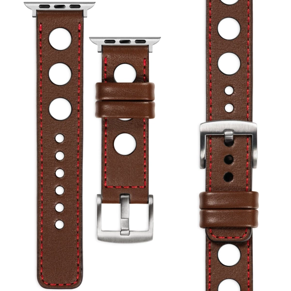moVear Prestige R1 Skórzany pasek 24mm do Apple Watch 10 / 9 / 8 / 7 / 6 / 5 / 4 / SE (46/45/44mm) & Ultra (49mm) | Ciemnobrązowy, czerwone przeszycie [rozmiary XS-XXL i klamra do wyboru]