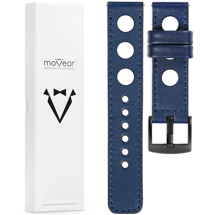 moVear Prestige R1 Skórzany pasek 20mm do zegarka | Granatowy, granatowe przeszycie [rozmiary XS-XXL i klamra do wyboru]