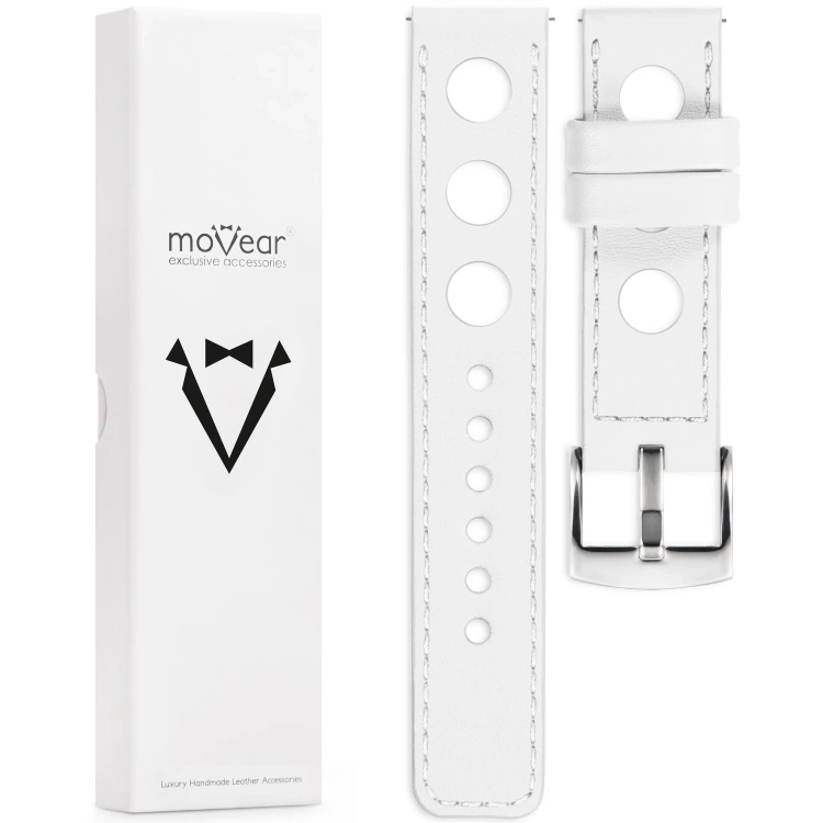 moVear Prestige R1 Skórzany pasek 22mm do zegarka | Biały, białe przeszycie [rozmiary XS-XXL i klamra do wyboru]