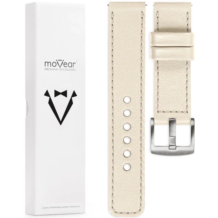 moVear Prestige C1 Skórzany pasek 22mm do Huawei Watch 5 4 3 2 1 - GT / Pro / Ultimate (48/46mm) | Beżowy, beżowe przeszycie [rozmiary XS-XXL i klamra do wyboru]