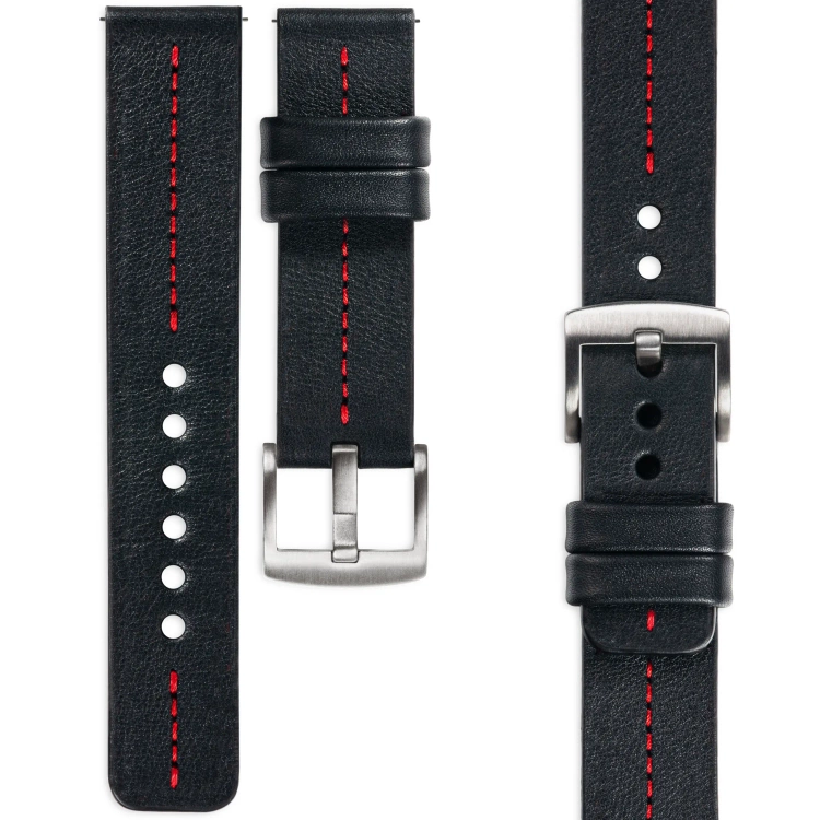 moVear Prestige C2 Skórzany pasek 26mm do zegarka | Czarny, czerwone przeszycie [rozmiary XS-XXL i klamra do wyboru]