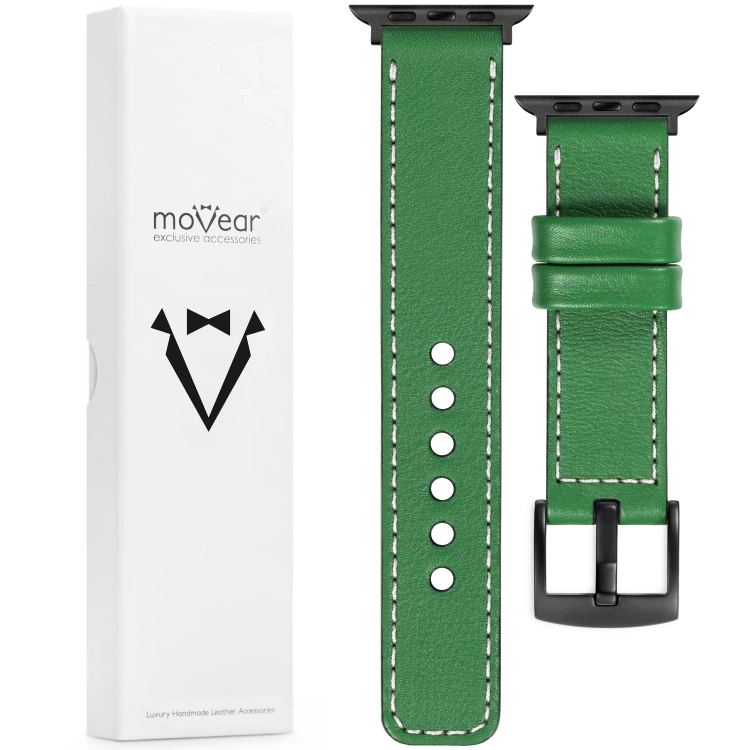 moVear Prestige C1 Skórzany pasek 22mm do Apple Watch 10 / 9 / 8 / 7 / 6 / 5 / 4 / SE (46/45/44mm) & Ultra (49mm) | Zielony, białe przeszycie [rozmiary XS-XXL i klamra do wyboru]