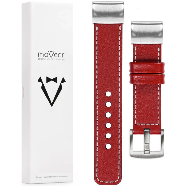 moVear Prestige C1 Skórzany pasek do Garmin QuickFit 26mm (Fenix / Epix / Quatix / Tactix / Enduro - 51mm) | Czerwony szkarłatny, białe przeszycie [rozmiary XS-XXL i klamra do wyboru]