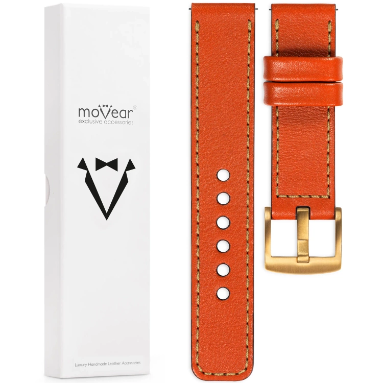 moVear Prestige C1 Skórzany pasek 22mm do zegarka | Pomarańczowy, złote przeszycie [rozmiary XS-XXL i klamra do wyboru]