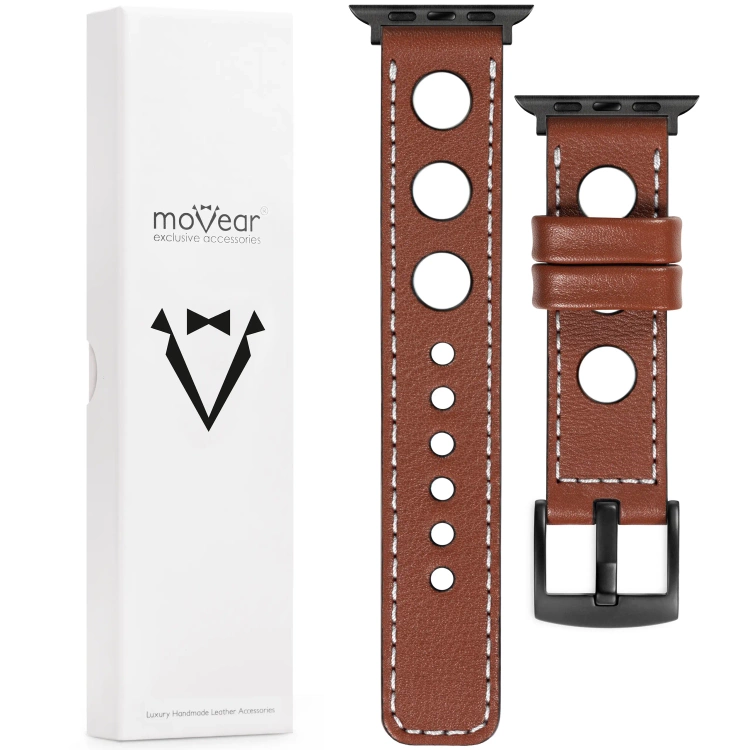 moVear Prestige R1 Skórzany pasek 22mm do Apple Watch 10 / 9 / 8 / 7 / 6 / 5 / 4 / SE (42/41/40mm) | Brązowy, białe przeszycie [rozmiary XS-XXL i klamra do wyboru]