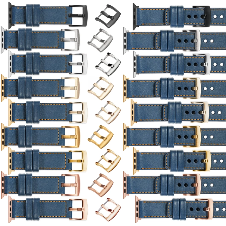 moVear Prestige C1 Skórzany pasek 22mm do Apple Watch 10 / 9 / 8 / 7 / 6 / 5 / 4 / SE (46/45/44mm) & Ultra (49mm) | Niebieski jeans, pomarańczowe przeszycie [rozmiary XS-XXL i klamra do wyboru]