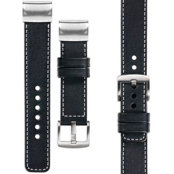 moVear Prestige C1 Skórzany pasek do Garmin QuickFit 22mm (Fenix / Forerunner / Epix / Instinct / Enduro / Quatix / MARQ - 47/45mm) | Czarny, białe przeszycie [rozmiary XS-XXL i klamra do wyboru]