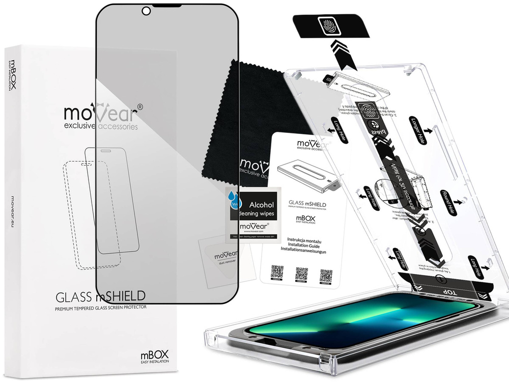 moVear mBOX GLASS mSHIELD 2.5D MAX privacy do Apple iPhone 16e / 14 / 13 / 13 Pro (6.1") (Anty spy, z Aplikatorem)