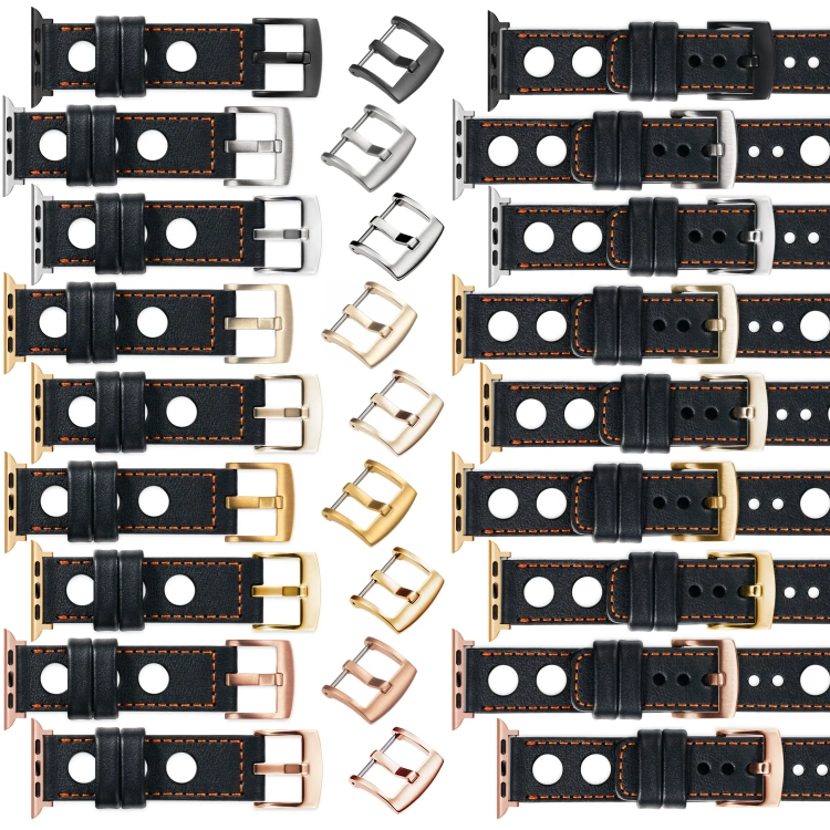 moVear Prestige R1 Skórzany pasek 24mm do Apple Watch 10 / 9 / 8 / 7 / 6 / 5 / 4 / SE (46/45/44mm) & Ultra (49mm) | Czarny, ciemnopomarańczowe przeszycie [rozmiary XS-XXL i klamra do wyboru]