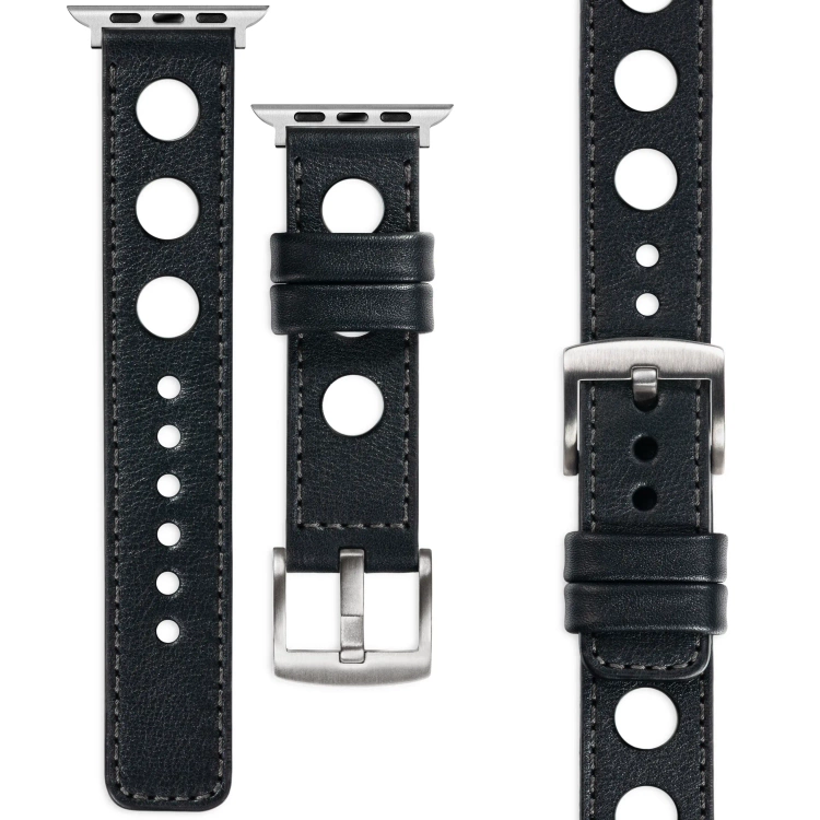 moVear Prestige R1 Skórzany pasek 24mm do Apple Watch 10 / 9 / 8 / 7 / 6 / 5 / 4 / SE (46/45/44mm) & Ultra (49mm) | Czarny, grafitowe przeszycie [rozmiary XS-XXL i klamra do wyboru]