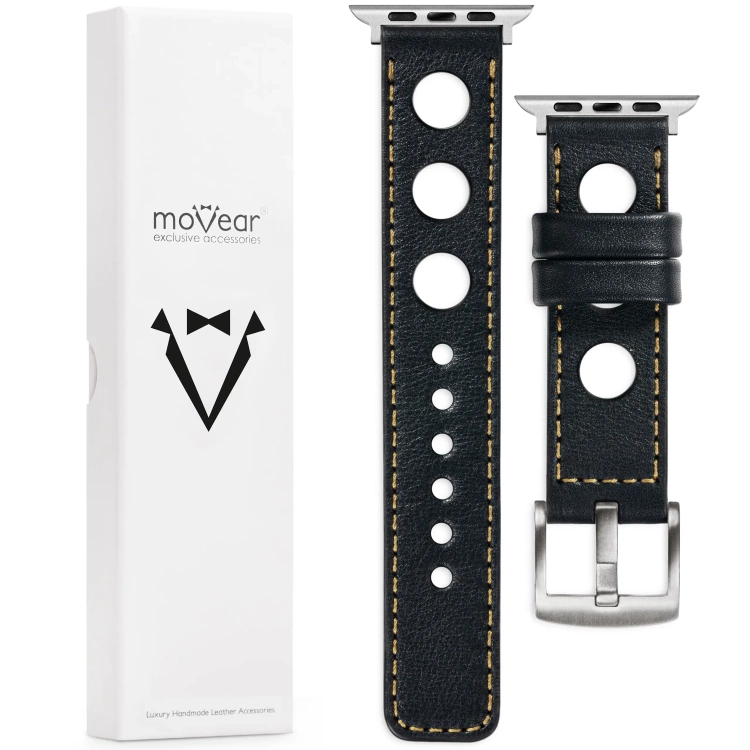 moVear Prestige R1 Skórzany pasek 24mm do Apple Watch 10 / 9 / 8 / 7 / 6 / 5 / 4 / SE (46/45/44mm) & Ultra (49mm) | Czarny, złote przeszycie [rozmiary XS-XXL i klamra do wyboru]