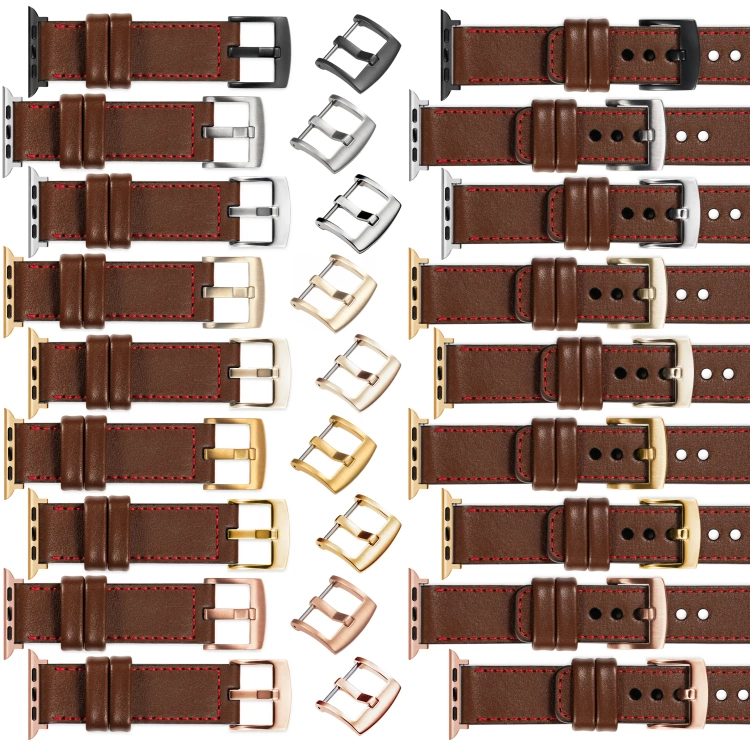 moVear Prestige C1 Skórzany pasek 24mm do Apple Watch 10 / 9 / 8 / 7 / 6 / 5 / 4 / SE (46/45/44mm) & Ultra (49mm) | Ciemnobrązowy, czerwone przeszycie [rozmiary XS-XXL i klamra do wyboru]