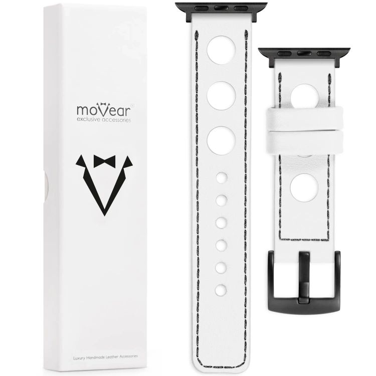 moVear Prestige R1 Skórzany pasek 22mm do Apple Watch 10 / 9 / 8 / 7 / 6 / 5 / 4 / SE (42/41/40mm) | Biały, czarne przeszycie [rozmiary XS-XXL i klamra do wyboru]