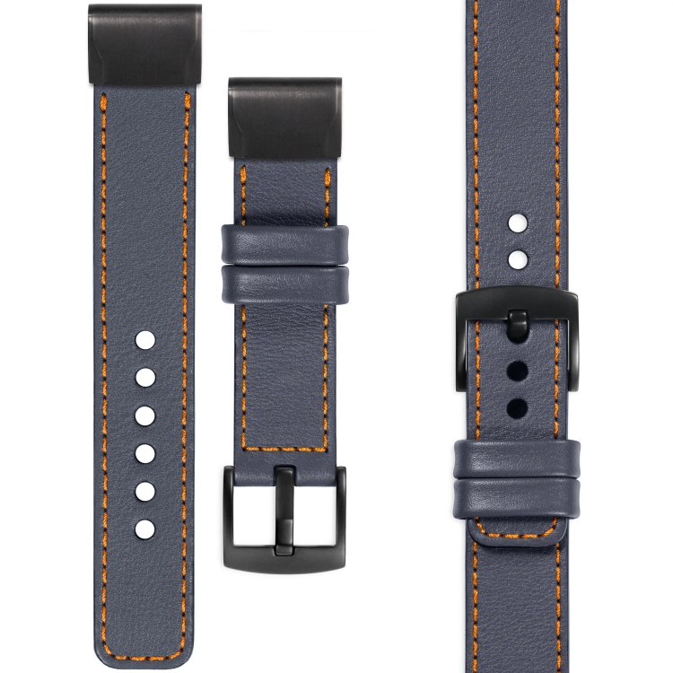 moVear Prestige C1 Skórzany pasek do Garmin QuickFit 26mm (Fenix / Epix / Quatix / Tactix / Enduro - 51mm) | Szary stalowy, pomarańczowe przeszycie [rozmiary XS-XXL i klamra do wyboru]