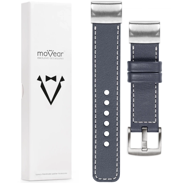 moVear Prestige C1 Skórzany pasek do Garmin QuickFit 26mm (Fenix / Epix / Quatix / Tactix / Enduro - 51mm) | Szary stalowy, białe przeszycie [rozmiary XS-XXL i klamra do wyboru]