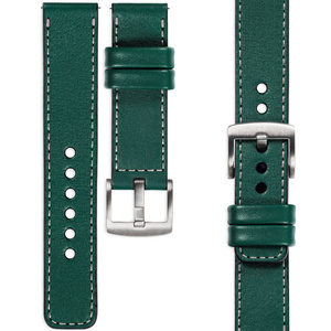moVear Prestige C1 Skórzany pasek 18mm do zegarka | Zielony butelkowy, srebrne przeszycie [rozmiary XS-XXL i klamra do wyboru]