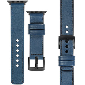 moVear Prestige C1 Skórzany pasek 22mm do Apple Watch 9 / 8 / 7 / 6 / 5 / 4 / SE (41/40mm) | Niebieski jeans, czarne przeszycie [rozmiary XS-XXL i klamra do wyboru]