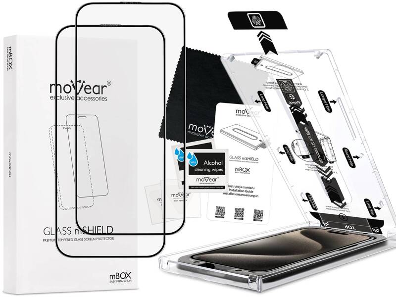 2 szt. | moVear mBOX GLASS mSHIELD 2.5D MAX MATT do Apple iPhone 15 Pro (6.1") (Antyrefleksyjne, kompatybilne z etui, z Aplikatorem)