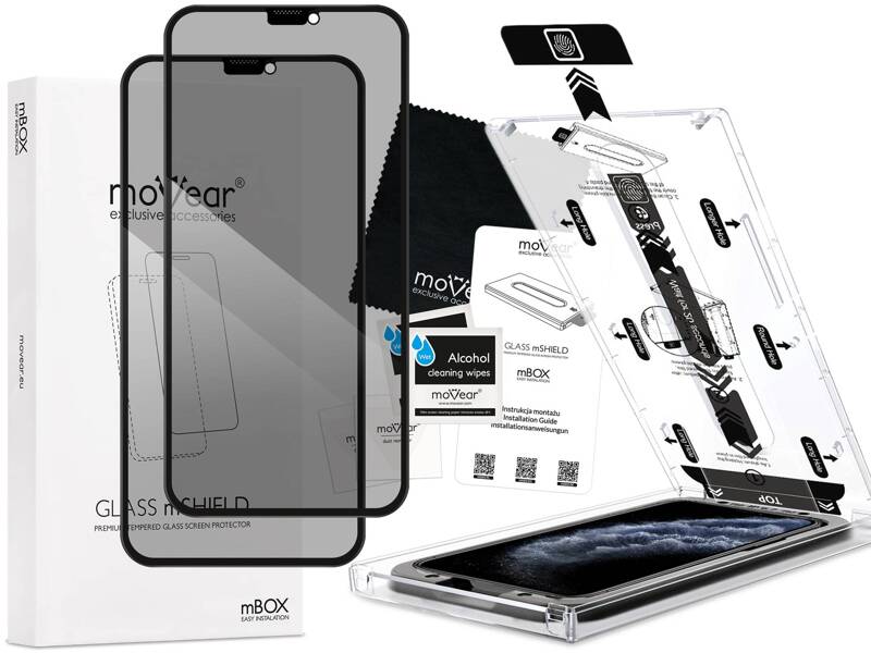 2 szt. | moVear mBOX GLASS mSHIELD 2.5D MAX privacy do Apple iPhone 11 Pro / Xs / X (5.8") (Anty spy, z Aplikatorem)