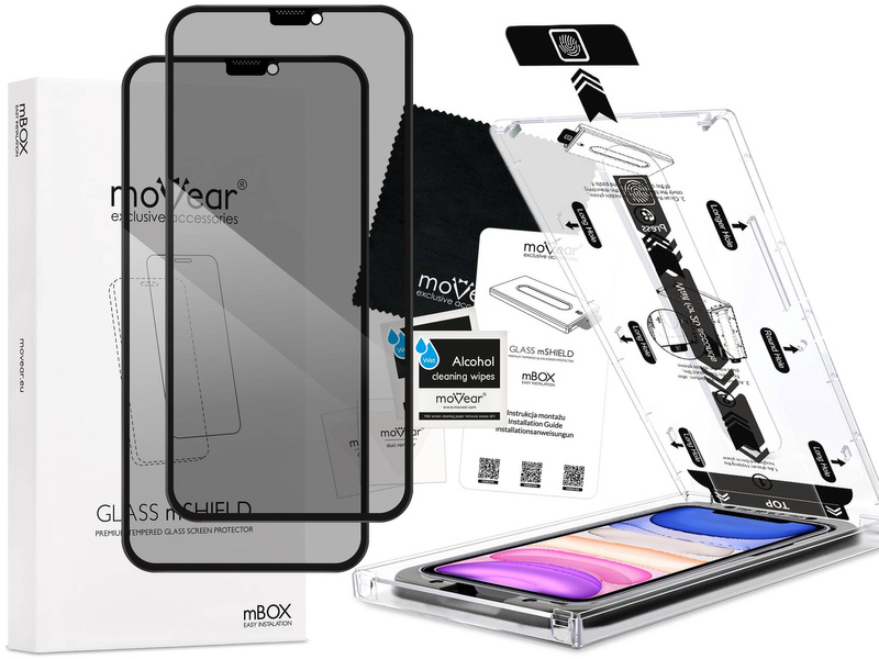 2 szt. | moVear mBOX GLASS mSHIELD 2.5D MAX privacy do Apple iPhone 11 / Xr (6.1") (Anty spy, z Aplikatorem)